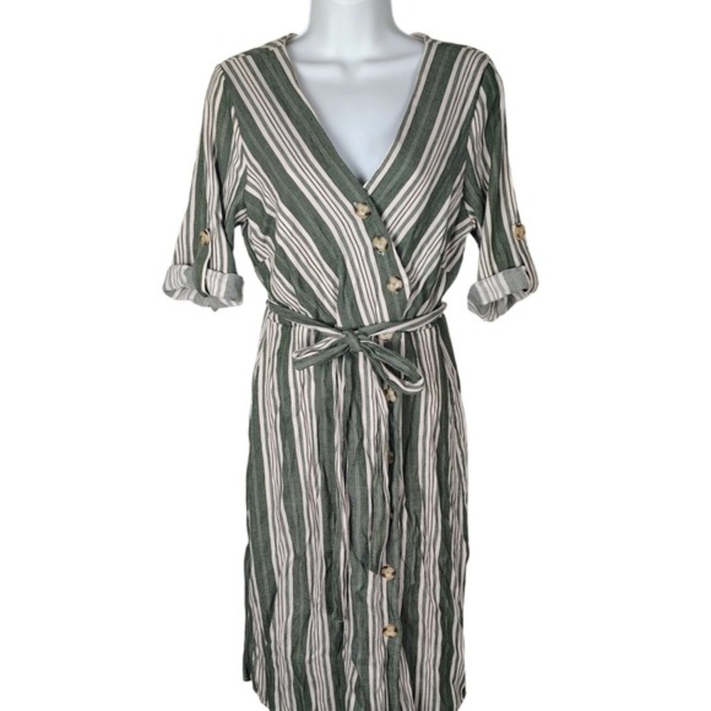 Luxology Womens M Striped Button Midi Dress Green White Rayon Blend Coastal Boho